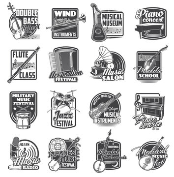 Music instrument, microphone, gramophone and musical notes vector icons. Isolated symbols of piano, drum, trumpet and harp guitar, violin, flute, mandolin and shamisen, vinyl records and accordion