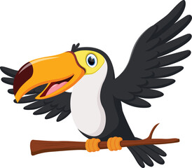 Cartoon happy toucan bird sit on tree branch