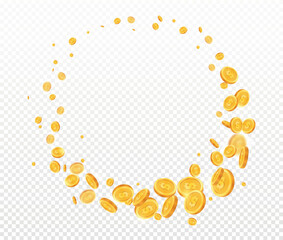 Flying circle coins. Jewels and metals. Treasures and wealth, decoration of posters or banners on website, graphic elements. Round of dollars and currency, economy. Cartoon flat vector illustration