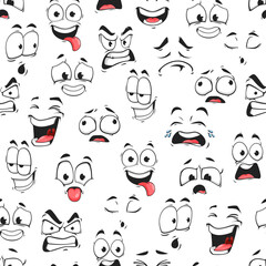 Cartoon face and emoji characters vector seamless pattern. Emoticons with different facial expressions and emotions background of comic faces with happy, cute and sad smiles, angry eyes and cry - obrazy, fototapety, plakaty