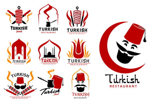 Turkish cuisine food, chef icons and symbols. Turkey fast food restaurant or cafe vector sign, grill bar or coffee shop icons with doner kebab rotisserie, cezve fez red hat and turkish cook face