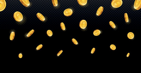 Realistic falling coins. Graphic elements for lottery, poster or banner for website. Wealth and gold, treasures. Congratulations to winners of competition. Cartoon isometric vector illustration