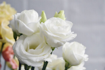 Bouquet of lisianthus flowers (eustoma). Romantic wedding decoration.