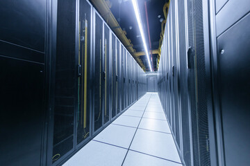 Empty computer server room, artificial intelligence, big data, cloud computing, blockchain, cloud storage center.
