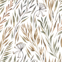 Dry field herbs watercolor seamless pattern on white background. Meadow plants drawn in herbarium style seamless pattern. Texture for fabrics, textiles, wallpaper, wrapping paper.