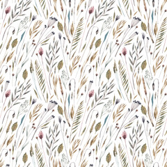 Meadow flowers and herbs seamless pattern. Hand drawn watercolor illustration of dry herbs and flowers background. Herbarium, dry plants background.