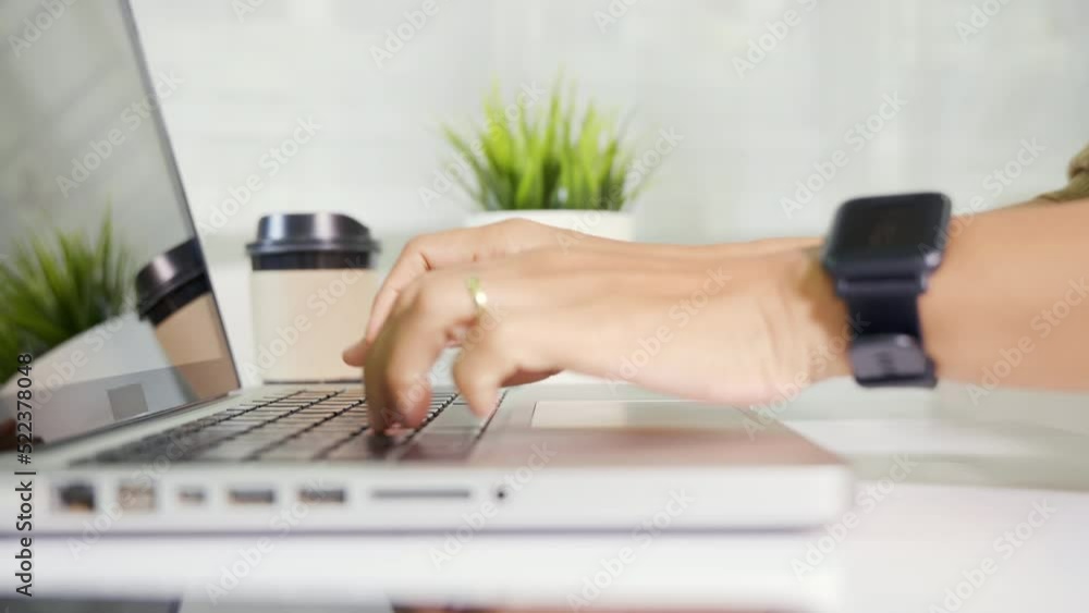 Aufkleber typing keyboard. female person text message for new project she remote work on computer, closeup han