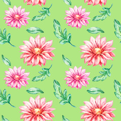 Pattern of watercolor leaves and aster flowers, on a green background