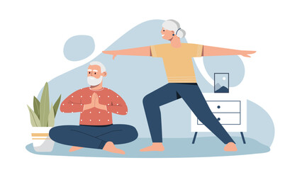 Yoga of elder couple. Grandparents in lotus position, stretching and active lifestyle. Fitness and athletes, meditation. Family takes care of health at home. Cartoon flat vector illustration