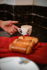 breakfast with coffee and venezuelan jam and cheese cachito