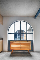wooden credenza, buffet with natural stone on the deck