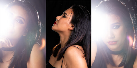 Indian Tanned Skin Asian Woman show face make up with backlit light and water splash spray