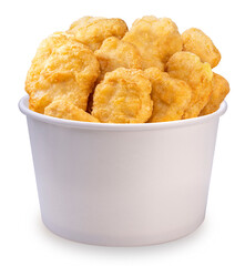 Fried nugget in paper bucket isolated on white background, Fried chicken nugget on white With clipping path.