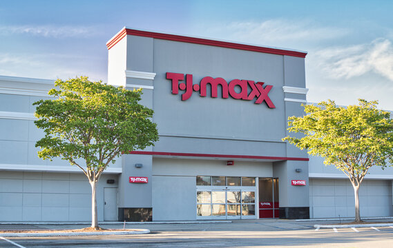 T.J. Maxx storefront and building exterior in Houston, TX USA. American discount department store chain founded in 1976.