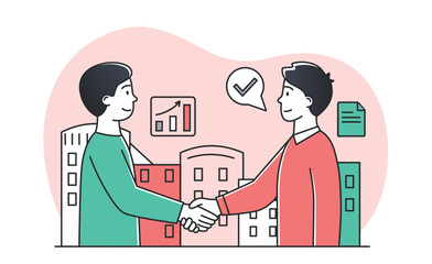 Partners make deal. Men shake hands, investor and entrepreneur conclude contract, successful negotiations. Partnership and collaboration, development of organizations. Cartoon flat vector illustration
