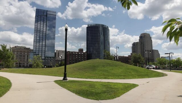 Grand Rapids, Michigan downtown with trees and panning right to left video.