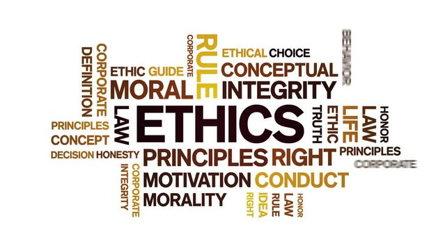 Ethics animated tag word cloud;text design animation kinetic typography seamless loop.
