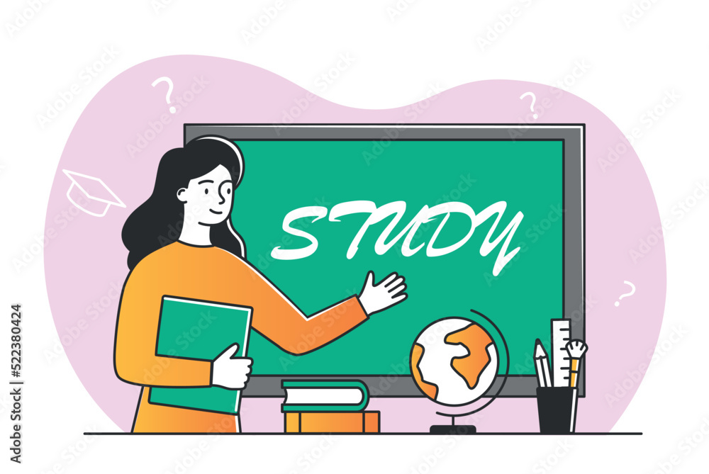 Poster teacher in classroom. girl with pointer explains homework to students. exams and tests, education an