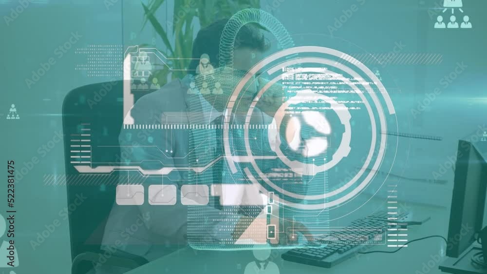 Poster animation of interface with data processing over caucasian businessman talking on smartphone