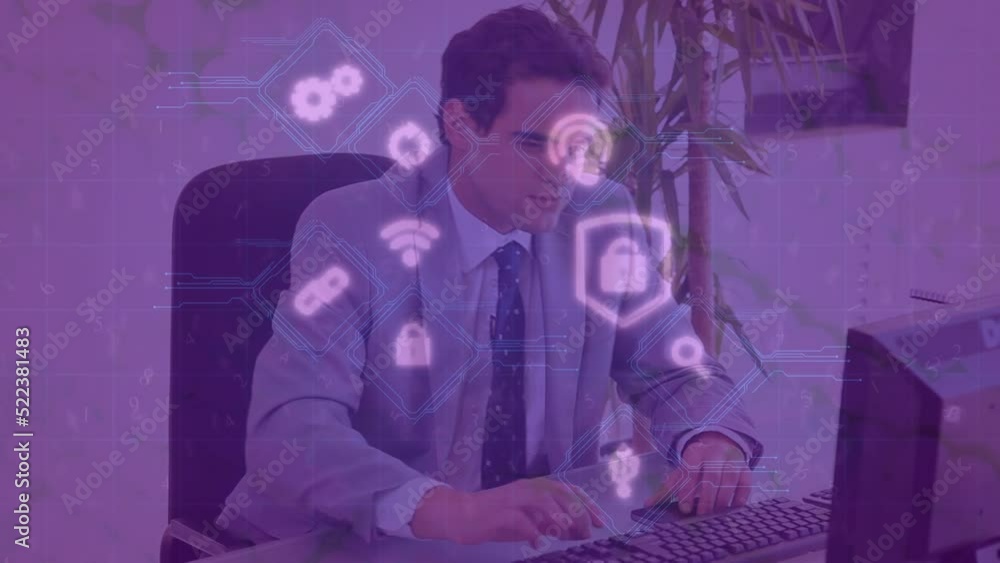 Poster animation of digital icons over caucasian businessman talking on smartphone and using computer