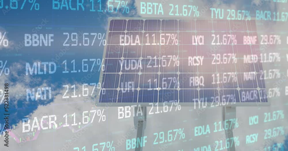 Poster Animation of stock market data processing over solar panel against blue sky