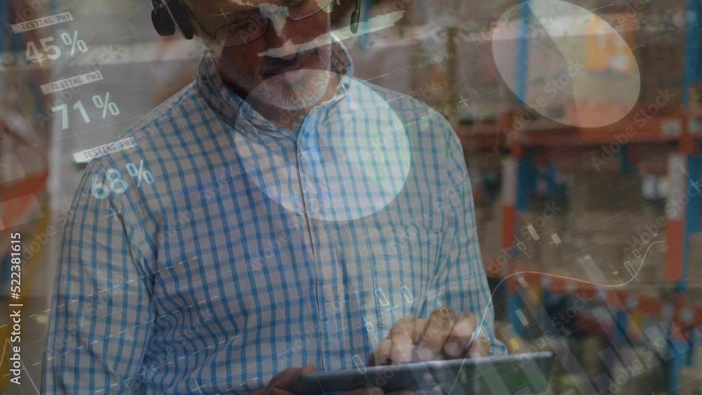 Poster animation of statistical data processing over caucasian senior male supervisor using digital tablet