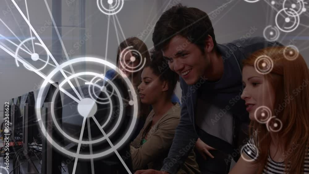 Poster animation of network of connections over diverse office colleagues using computer at office