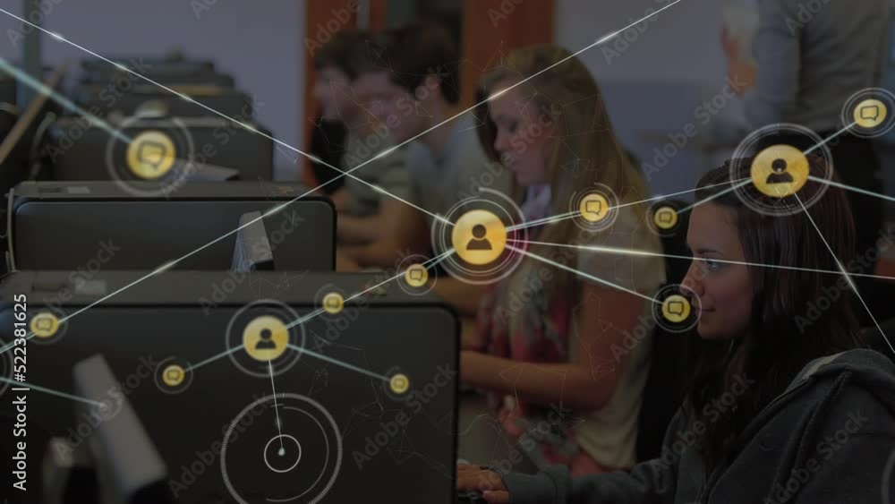 Poster animation of network of profile icons over diverse office colleagues using computer at office