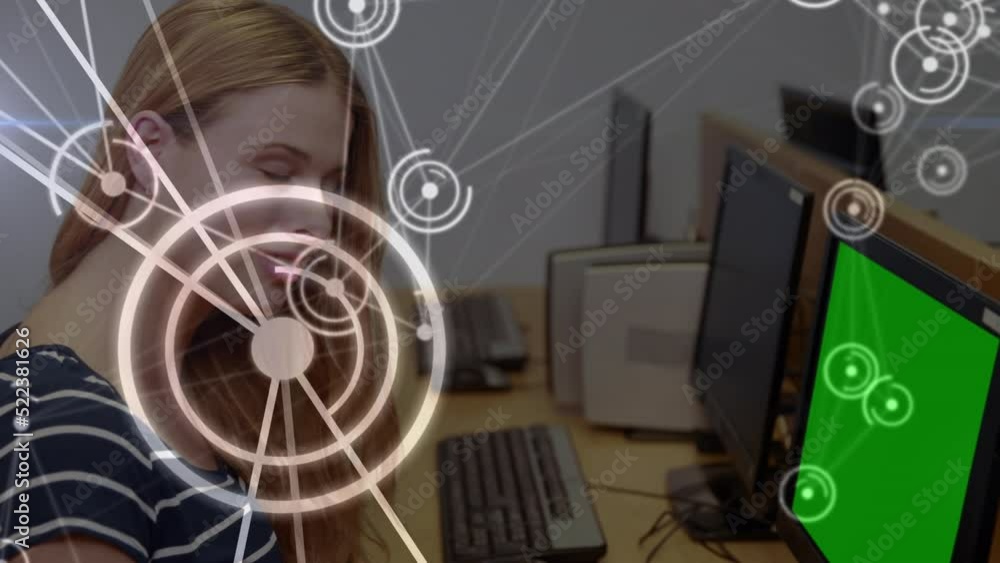 Poster animation of network of connections over caucasian woman using computer with copy space