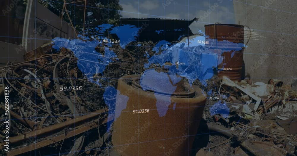 Poster animation of numbers floating over world map against scrap at junkyard