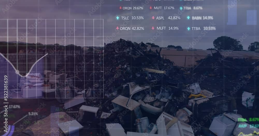 Poster animation of stock market data processing over aerial view of scrap at junkyard