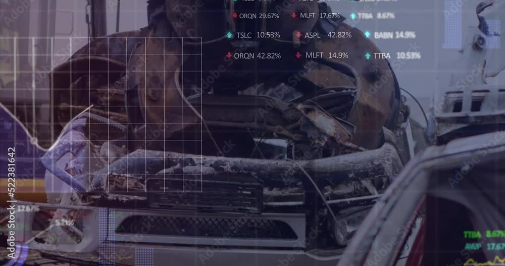 Poster animation of stock market data processing over crane operating at junkyard