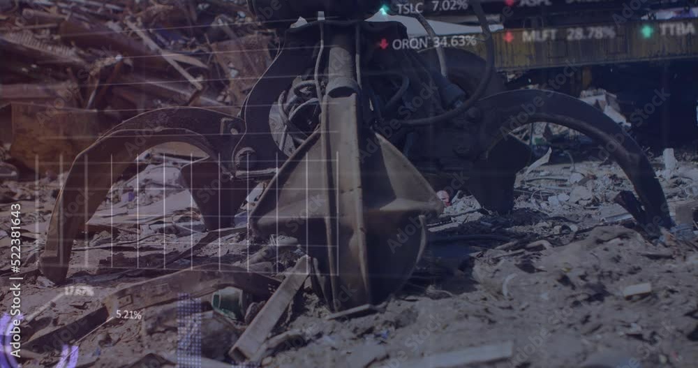 Poster animation of stock market data processing over magnetic crane operating at junkyard