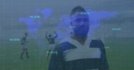 Animation of numbers over world map against african american male rugby player on sports field - Powered by Adobe