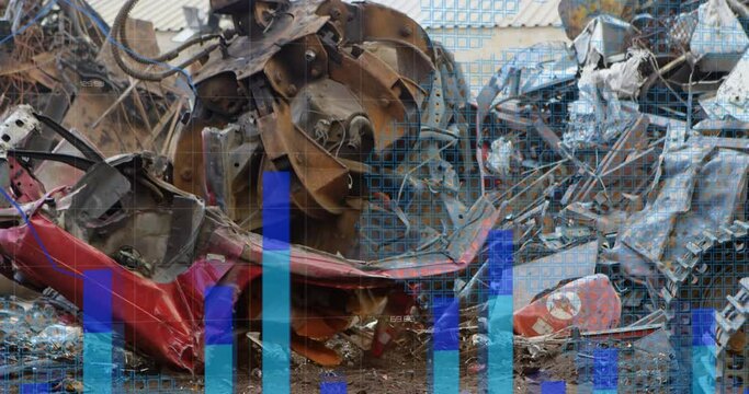 Animation of statistical data processing over crane operating at junkyard