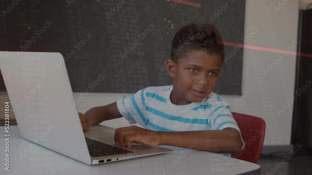 Poster animation of data processing over african american boy using laptop in the class at school