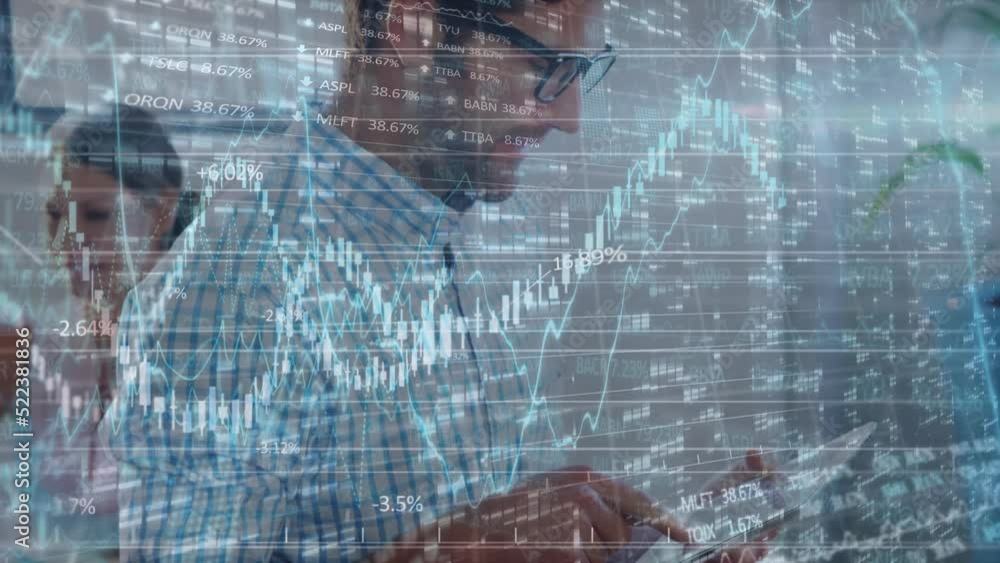 Poster animation of financial data processing over caucasian man using digital tablet at office