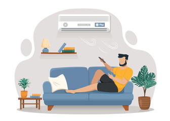 Man relaxing at home. Young guy on couch with remote control turns off air conditioner. Comfort and convenience. Weekends and lazy person, hot weather at summer. Cartoon flat vector illustration