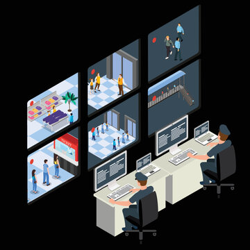 Officers monitoring security camera in security room isometric 3d vector illustration concept for banner, website, illustration, landing page, flyer, etc.