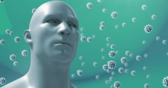 Animation of human face model and multiple covid-19 cell icons floating against blue background