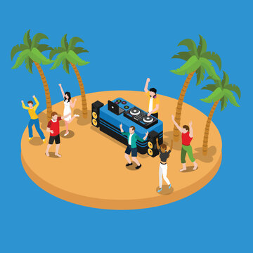 People dancing with DJ Playing Music isometric 3d vector illustration concept for banner, website, illustration, landing page, flyer, etc.