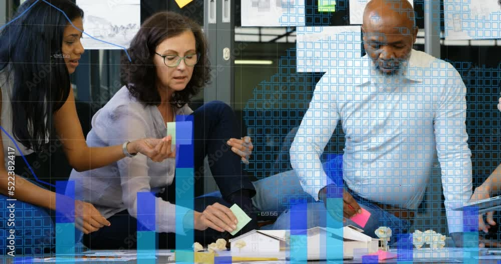 Aufkleber animation of statistical data processing against diverse office colleagues reading memo notes
