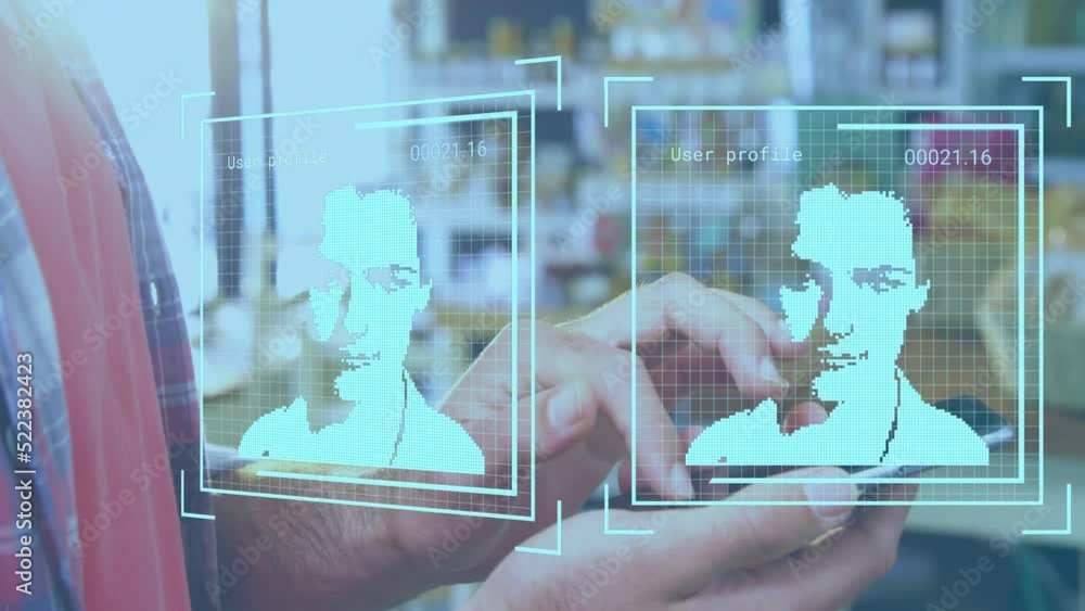 Poster animation of multiple profile icons with data processing over mid section of a man using smartphone