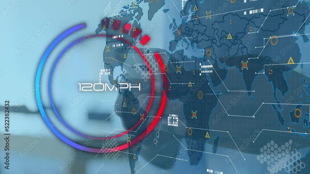 Poster animation of speedometer and world map over mid section of a man using smartphone at office