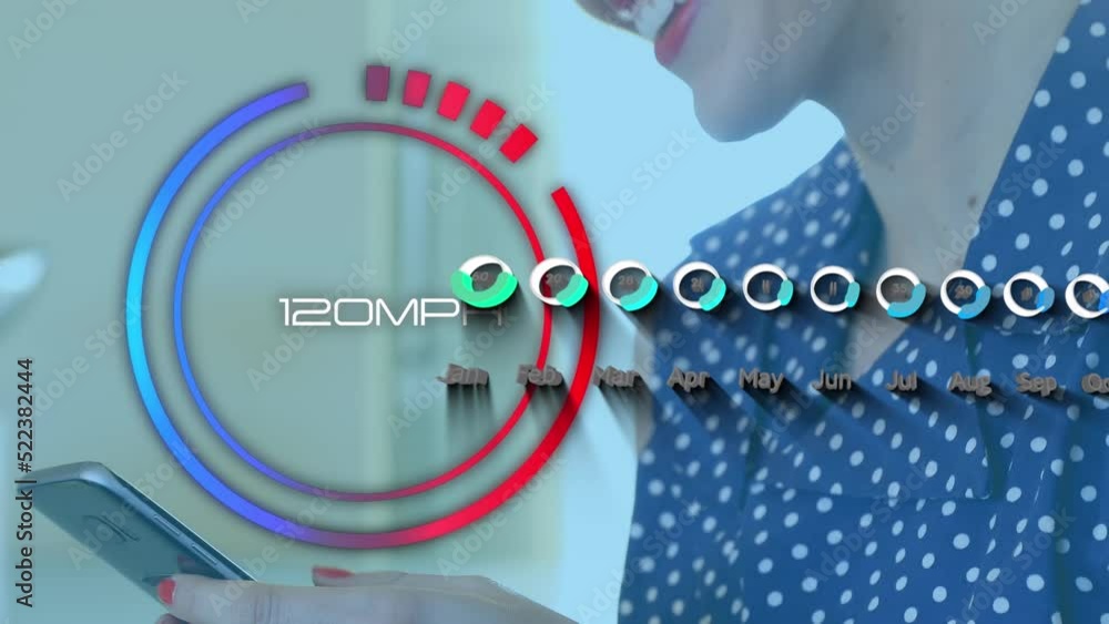 Poster animation of speedometer and statistical data processing over caucasian woman using smartphone