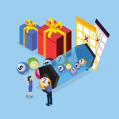 People winning lottery, getting gift box, drawing crosses on tickets isometric 3d vector illustration concept for banner, website, illustration, landing page, flyer, etc.