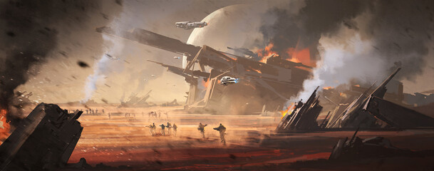 Fierce war on alien ruins, 3D illustration.