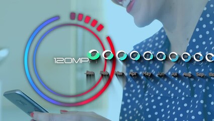 Animation of speedometer and statistical data processing over caucasian woman using smartphone - Powered by Adobe