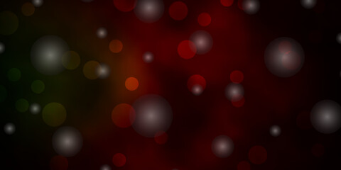 Dark Green, Red vector background with circles, stars.