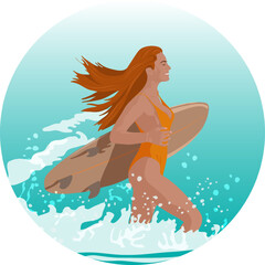 Red-haired girl in an orange swimsuit with a surfboard runs into the sea